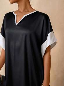 Vesra 女士撞色V领短袖休闲宽松长裙 - 黑與白 - 查看 6