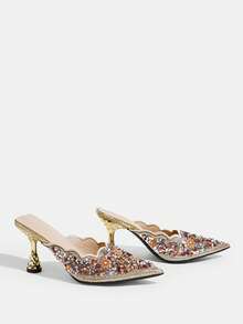 CUCCOO TILAWA Women's Fashion Party Pointed Toe Stiletto Heel Rhinestone Pumps For Christmas Valentine's Day - Gold - View 3