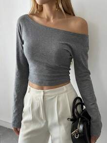 DAZY Women's Solid Color Long Sleeve Cropped T-Shirt,Fall Clothes Preppy Tops - Grey - View 3