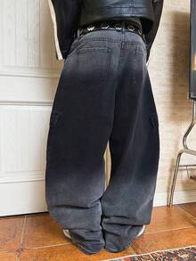 PAVTROS 男士街头时尚休闲多口袋拼接褶裥阔腿黑色牛仔裤 - 黑色 - 查看 4