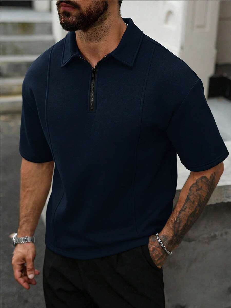 Manfinity CasualCool Camisa polo de hombre con diseño de patchwork, de moda y versátil para uso diario - Azul Marino - Ver 1