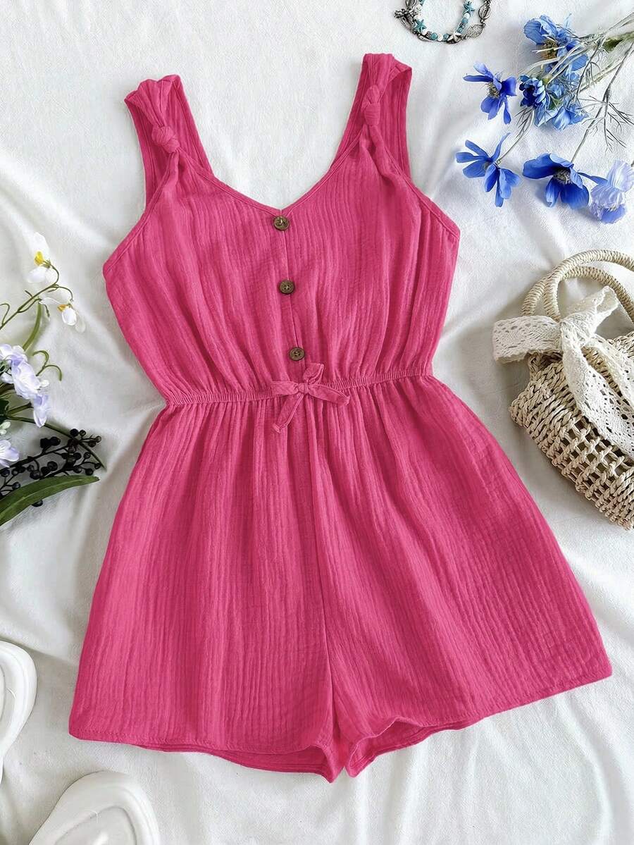 少女棉麻混纺宽松舒适连体裤，适合度假和海滩穿着 - 玫紅色 - 查看 1