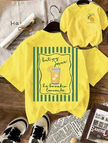 EMERY ROSE Women's Lemon Pattern T-Shirt - Casual Short Sleeve Top With "Lemon And Drink" Print, Round Neck, Spring/Summer Fashion Women's T-Shirt, Round Neck T-Shirt - Yellow - View 1