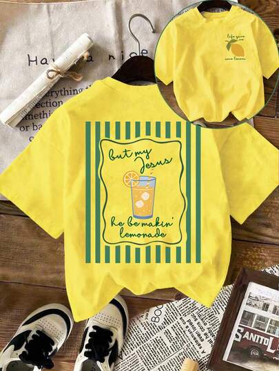 EMERY ROSE Women's Lemon Pattern T-Shirt - Casual Short Sleeve Top With "Lemon And Drink" Print, Round Neck, Spring/Summer Fashion Women's T-Shirt, Round Neck T-Shirt