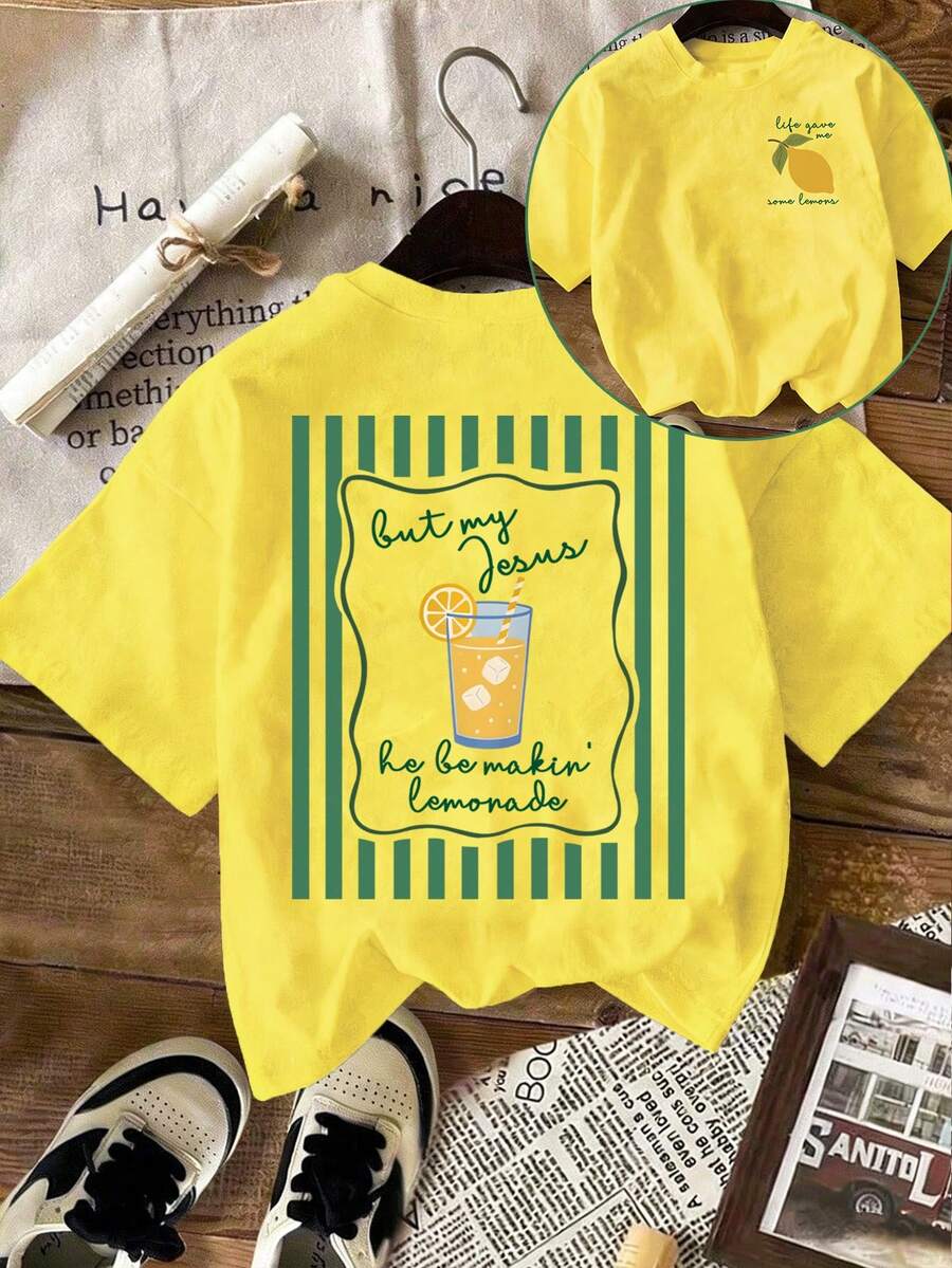 EMERY ROSE Women's Lemon Pattern T-Shirt - Casual Short Sleeve Top With "Lemon And Drink" Print, Round Neck, Spring/Summer Fashion Women's T-Shirt, Round Neck T-Shirt - Yellow - View 1