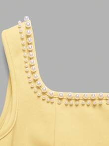SHEIN Tween Girls' Elegant Beaded Square Neck Yellow Patchwork A-Line Dress With Bow Back - Yellow - View 2
