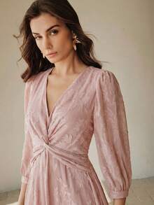 Anewsta 优雅绿色提花中长连衣裙，适合派对场合 - 藕粉色 - 查看 7