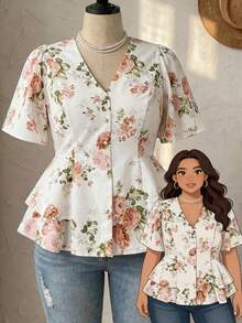 Modelyn قميص أنيق مطبوع بزهور للمقاسات الكبيرة مع خصر مشدود، صيفي - متعدد الألوان - مشاهدة 1