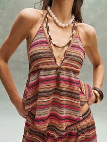 Bohemela 波西米亚风彩色条纹针织露背吊带背心，休闲海滩度假装 - 彩色 - 查看 2