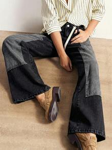 Bohemela Quần nữ dáng suông rộng, cạp thấp, chất liệu denim dệt chắp vá, kiểu dáng thường ngày, phối nhiều mảnh vải, đã qua xử lý giặt. - Xám - Xem 1