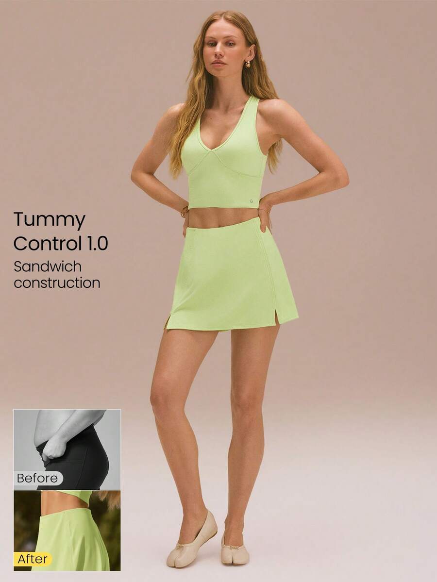 GLOWMODE Court Confidence Tummy Control Side-Split Hem Built-In Shorts Non-Slip Grips A-Line Mini Tennis Skirt Tennis Golf Pickleball Daily Casual Wear - Mint Green - View 1