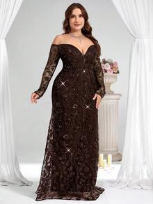 Coutiva Plus Size Women's Off Shoulder Sequin Luxurious Formal Evening Gown (Heavy Embellishment) - Brown - View 4