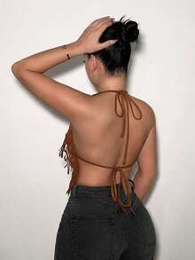 SHEIN SXY Western BOHO Suede Fringe Halter Backless Top - Coffee Brown - View 2