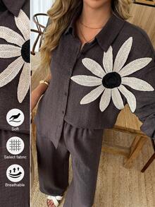 Elouméa Women's Spring/Summer Casual Open Front Long Sleeve Floral Print Jumpsuit, Suitable For Daily Wear And Vacation - Coffee Brown - View 1