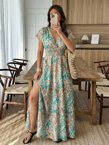 EMERY ROSE Đầm nữ in họa tiết cây cỏ, phối màu tương phản, tay phồng, ôm eo. - Nhiều màu - Xem 5