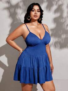 Viva Relle Curve Blue Mini Sundress Sleeveless Spaghetti Strap Knitted Fabric Casual Dress Ruffle Flounce Hem - Royal Blue - View 4