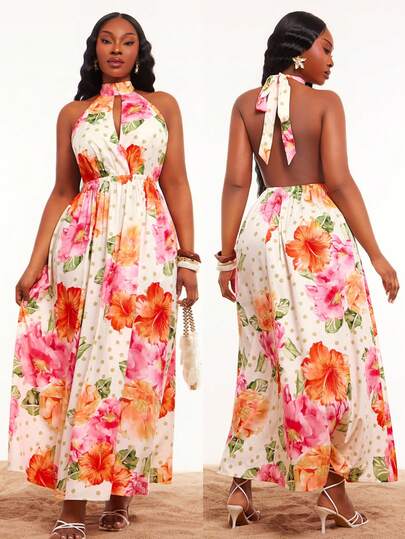 Radiana Plus Size Women's Spring/Summer Casual Sexy Backless Big Floral + Polka Dot Print Flowy Swing Dress, Suitable For Everyday Wear, Music Festival, Versatile, Coachella, BOHO, Bohemian, Outing, Resort, Beach Vacation, Holiday, Seaside, Western Wear, Concert, Carnival Party, Richly Layered, Date Night, Ibiza, Nashville, Break, Modest, Chic, Club, Cute, Casual, Shopping, Streetwear, Going Out, Coquette, Easy To Match & Looks Slim, Accent Your Body, Flatter The Figure