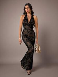 SHEIN Tall 黑色植绒垂褶领系带长裙，适合秋冬季节，可作圣诞节、伴娘礼服、婚礼季蕾丝长裙、黑色长裙、正式邮轮晚宴礼服 - 黑色 - 查看 9