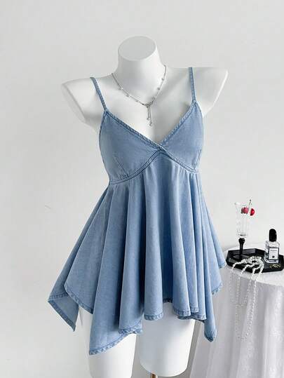SHEIN Áo hai dây denim nữ dáng bất đối xứng với viền bèo nhún