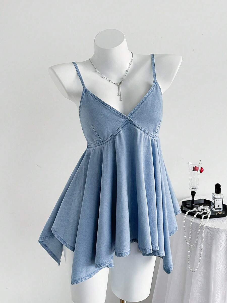 SHEIN 女士不对称荷叶边牛仔吊带背心 - 藍色 - 查看 1
