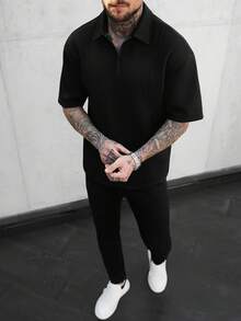 Manfinity CasualCool 男士拼接設計 Polo 衫，時尚百搭，適合日常穿著與正式場合 - 黑色 - 查看 4