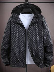 Manfinity CasualCool Men's Letter Print Long Sleeve Zip Front Hoodie Jacket Patterned Loose Fit Men Black Graphic Zipper Summer Windbreaker - Black - View 4