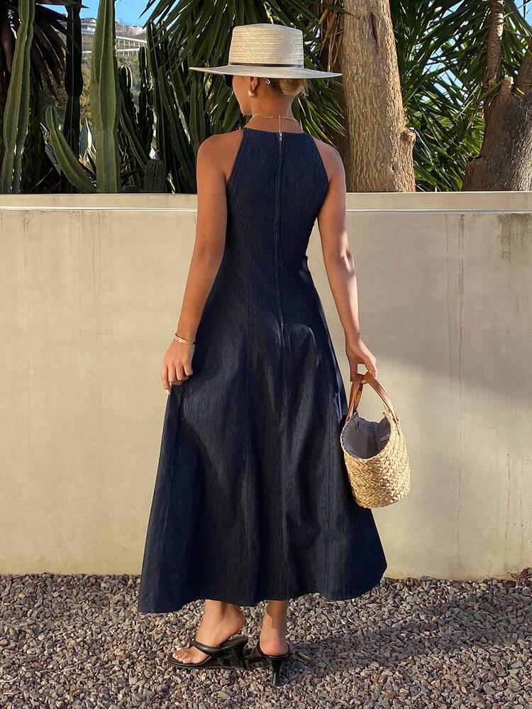 Women's Elegant Washed Denim Round Neck Sleeveless Dress, Summer,Wedding Guest Dress Women Maxi Dress