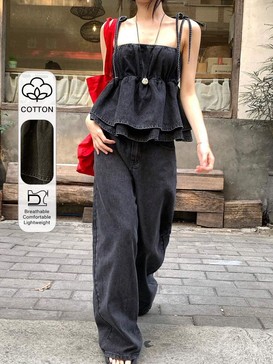 FRIFUL 女士牛仔吊带双蝴蝶结吊带背心和阔腿裤套装 - 藍色 - 查看 1