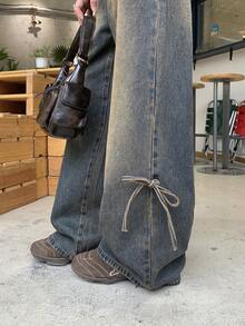 FRIFUL 女士系带口袋阔腿宽松休闲百搭牛仔裤 - 藍色 - 查看 5