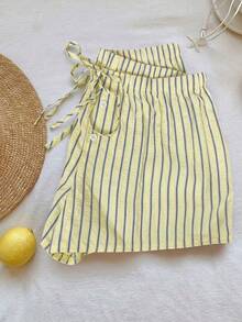 SHEIN EZwear Quần short ống rộng dệt sọc vàng dành cho nữ - Màu vàng - Xem 3