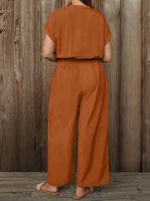 EMERY ROSE Plus-Size Women's Casual Brown Autumn Boho Vacation Holiday Jumpsuits,Fashion Summer Outfits Rompers,Short Sleeve Zip Front Belted Wide Leg Jumpsuit - Brown - View 2
