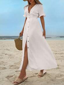 RueChic Solid Color Ruffle Trim Dress For Women, Button Front - White - View 3