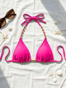 Swim Basics 女士性感露背系带金色珠饰比基尼上衣，夏季新品 - 玫紅色 - 查看 3