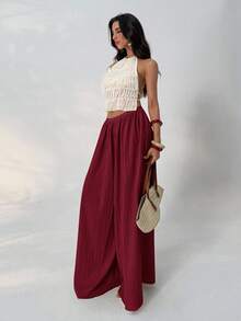 Aloruh Quần ống rộng dáng suông, chất liệu vải thô, thoải mái, thích hợp cho kỳ nghỉ hè, màu đỏ Angola. - Màu Đỏ Sâu - Xem 4