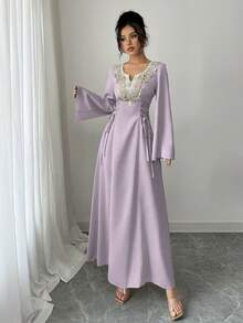 Yasmyna 女款優雅淺藍色刺繡長版阿巴雅洋裝，秋季婚禮賓客V領喇叭袖阿拉伯風保守波西米亞風綁帶收腰洋裝 - 紫色 - 查看 4