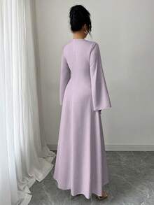 Yasmyna 女款優雅淺藍色刺繡長版阿巴雅洋裝，秋季婚禮賓客V領喇叭袖阿拉伯風保守波西米亞風綁帶收腰洋裝 - 紫色 - 查看 2