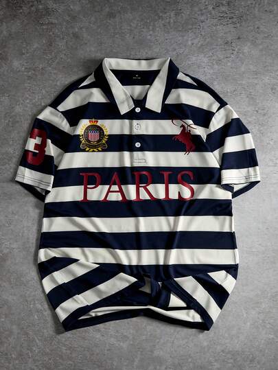 PAVTROS Plus Size Men's Colorblock Striped Letter Print Polo Shirt