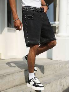 Manfinity EMRG Spring & Summer Casual Street Washed Black Straight Loose Detachable Hem Rhinestone Studded Coated Distressed Denim Shorts - Black - View 5