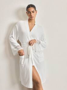 Ocili 女士撞色蕾丝落肩长袖优雅睡袍 - 白色 - 查看 6