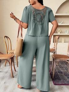 SHEIN LUNE Plus Size Casual Solid Color Tie Front Top And Pants 2 Pieces Set - Mint Blue - View 8