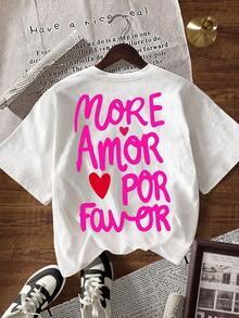 EMERY ROSE Women's Casual Round Neck Short Sleeve T-Shirt With Slogan & Heart Print - White - View 6