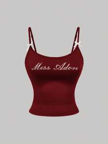 SHEIN MOD Áo hai dây nữ thời trang đính chữ và đá lấp lánh, kiểu nơ thắt cổ màu đỏ. - Màu Đỏ Sâu - Xem 1