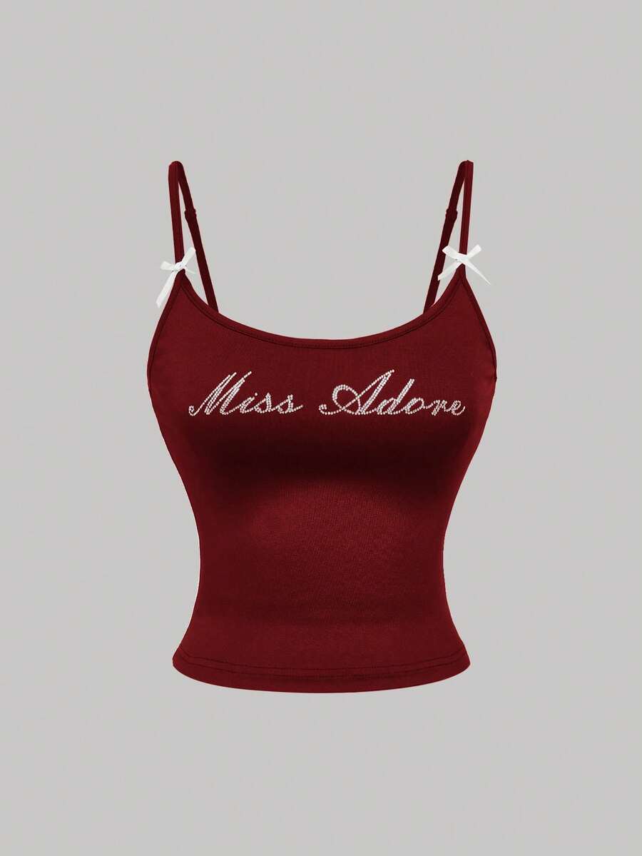 SHEIN MOD Áo hai dây nữ thời trang đính chữ và đá lấp lánh, kiểu nơ thắt cổ màu đỏ. - Màu Đỏ Sâu - Xem 1