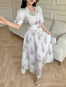 Feyla Đầm nghỉ mát cổ chữ V, eo nhún bèo, họa tiết hoa nhí, tay phồng, thanh lịch và tôn dáng, hàng mới về. - Nhiều màu - Xem 3