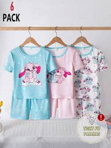 Set de 6 piezas de pijama de punto de cuello redondo con mangas cortas y pantalones cortos para niñas, conjunto de colores en bloque de conejo azul y magenta, ropa de casa y ropa de dormir versátil y de moda - Multicolor - Ver 3