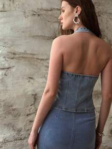 MOTF PREMIUM 女士牛仔铆钉背心，春夏款 - 藍色 - 查看 4