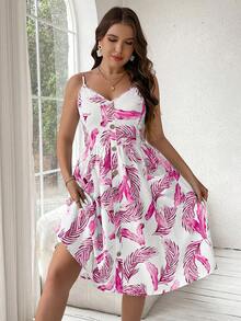 Ceyna Plus Size Spaghetti Strap Feather Print Button Dress - Multicolor - View 3