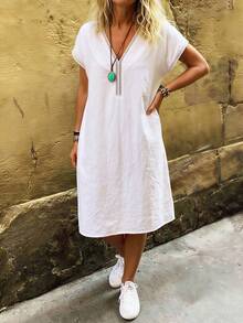 Linavere New Spring/Summer V-Neck Dress For Women - Floral Lace Patchwork Design - Loose Casual Office Wear - White Dress - White - View 4