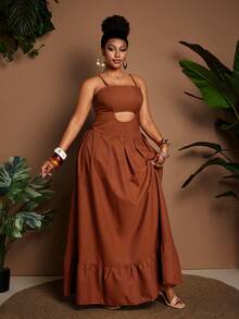 Maweii Plus Size Sexy Spaghetti Strap Hollow Out Pleated Backless Summer Dress - Brown - View 3