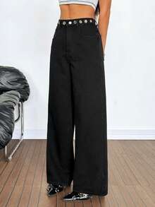 SHEIN PETITE 女士牛仔裤 BlingBling 钻石装饰低腰阔腿裤 Y2K 音乐节 - 黑色 - 查看 6